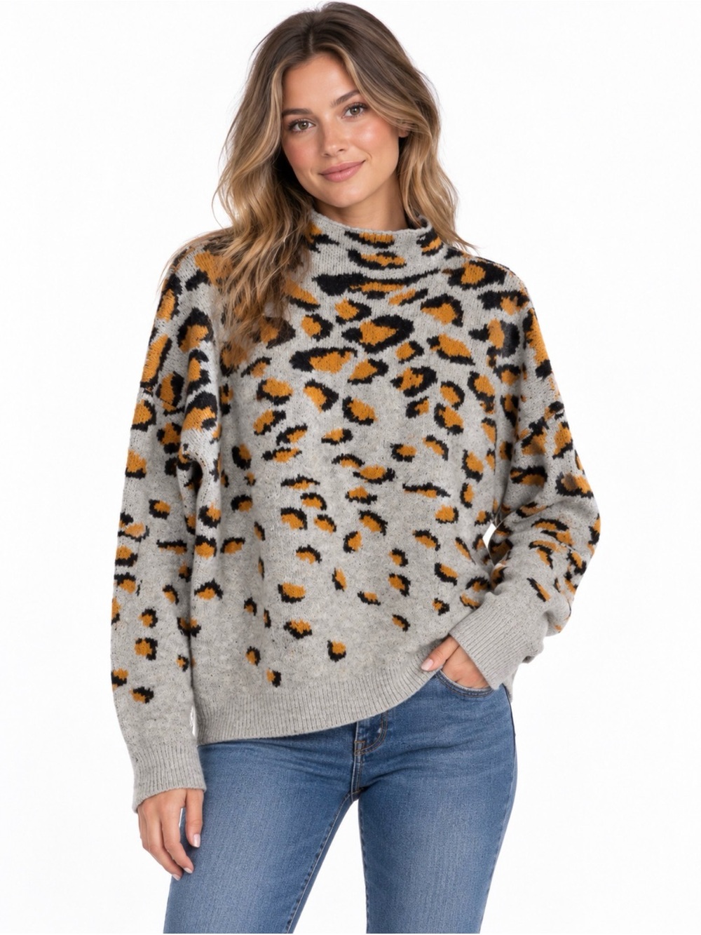 ASOS knit Cozy Leopard-Print mock neckline oversized Sweater size 2